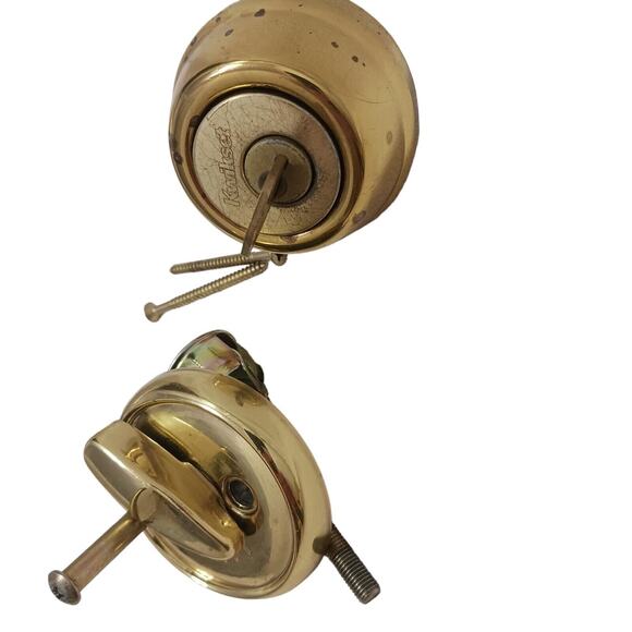 80s Brass French FRONT DOOR KNOB & DEADBOLT Fixtures w 2 Keys Gold Retro Handle - Picture 11 of 16